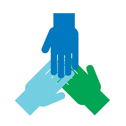 Yhteistyötä kuvaava ikoni, jossa on kolme kättä päällekkäin.