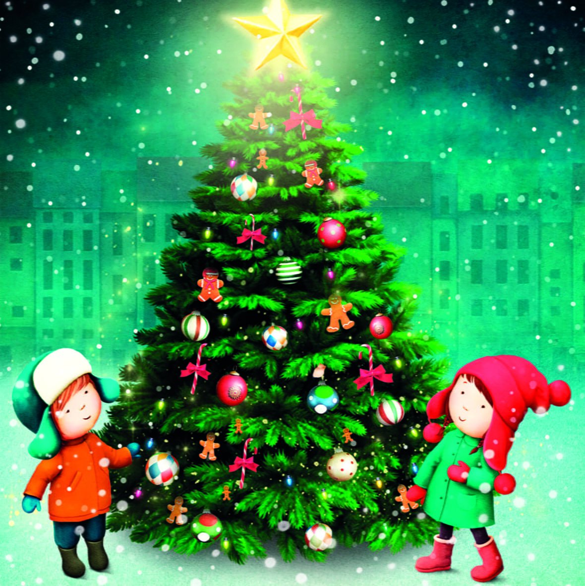 Esimerkkikuva joulukortista, jossa on joulukuusi, kaksi lasta ja Planin logo.