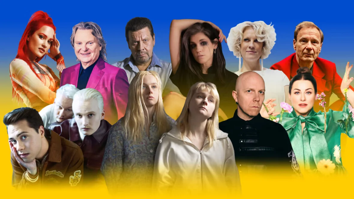 Kuvituskuva, jossa Ukrainan lipun värit ja joukko Ylen Ukraina-konsertin artisteja.