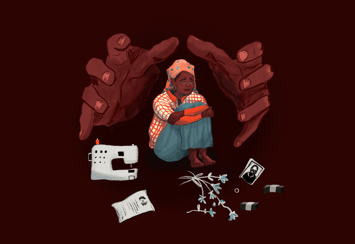 Piirroskuvitus, jossa isot kädet maassa istuvan tytön ympärillä. Kuvitus: Liisa Hannula