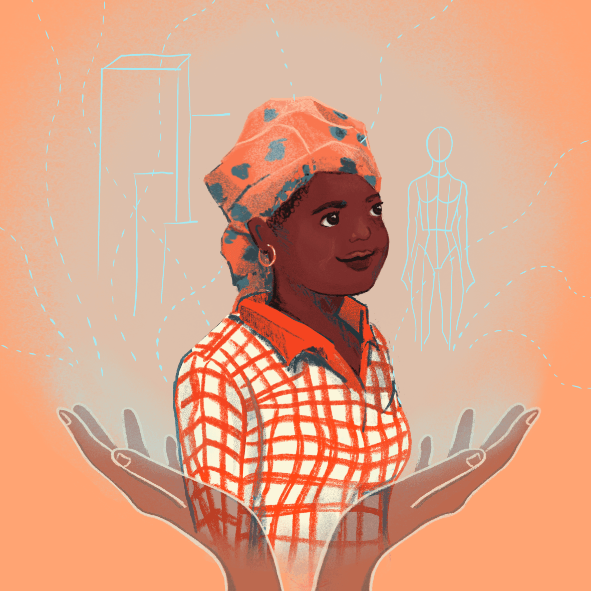 Piirroskuvitus, jossa hymyilevä nuori nainen nousee avoinna olevista isoista käsistä.